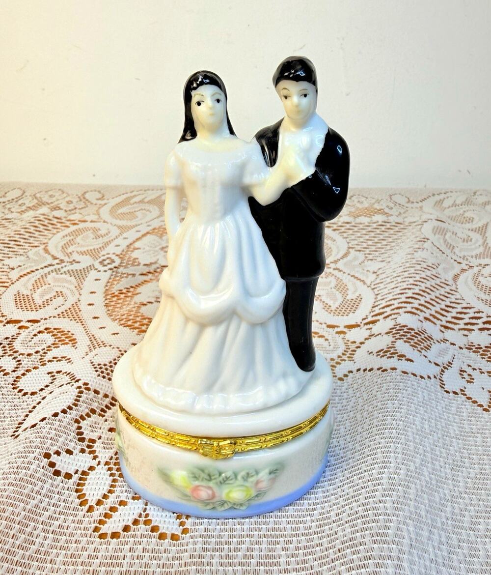 Bride & Groom Porcelain Hinged Oval Trinket Box White/Black Gold Floral- Read